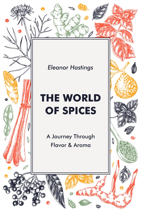 Sketch style book cover design. Hand drawn spices vector illustration. Basil, galangal, cumin, cilantro, tumeric, lemongrass, lime sketches. Herbs background. NOT AI generated